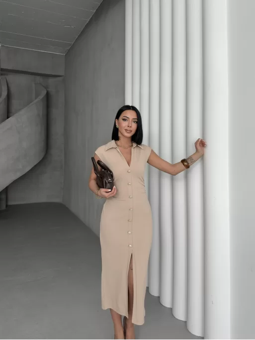 SERENA BÜZGÜLÜ DÜĞME DETAY ELBİSE - TAŞ