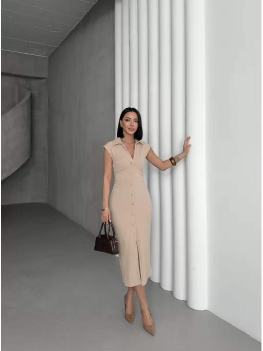 SERENA BÜZGÜLÜ DÜĞME DETAY ELBİSE - TAŞ