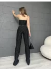 ÇİZGİLİ ZARA CROP VE PANTOLONLU İKİLİ TAKIM - SİYAH