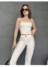 ÇİZGİLİ ZARA CROP VE PANTOLONLU İKİLİ TAKIM - BEYAZ
