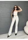 ÇİZGİLİ ZARA CROP VE PANTOLONLU İKİLİ TAKIM - BEYAZ