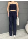 ÇİZGİLİ ZARA CROP VE PANTOLONLU İKİLİ TAKIM - LACİVERT