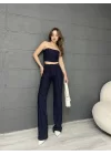 ÇİZGİLİ ZARA CROP VE PANTOLONLU İKİLİ TAKIM - LACİVERT