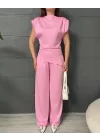 PREMİUM OMUZ VATKALI BLUZ VE PANTOLONLU İKİLİ TAKIM - PEMBE