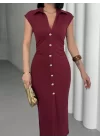 SERENA BÜZGÜLÜ DÜĞME DETAY ELBİSE - BORDO