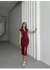 SERENA BÜZGÜLÜ DÜĞME DETAY ELBİSE - BORDO