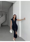 SERENA BÜZGÜLÜ DÜĞME DETAY ELBİSE - LACİVERT