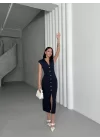 SERENA BÜZGÜLÜ DÜĞME DETAY ELBİSE - LACİVERT