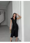 SERENA BÜZGÜLÜ DÜĞME DETAY ELBİSE - SİYAH