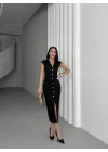 SERENA BÜZGÜLÜ DÜĞME DETAY ELBİSE - SİYAH