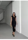 SERENA BÜZGÜLÜ DÜĞME DETAY ELBİSE - SİYAH