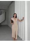 SERENA BÜZGÜLÜ DÜĞME DETAY ELBİSE - TAŞ