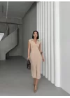 SERENA BÜZGÜLÜ DÜĞME DETAY ELBİSE - TAŞ