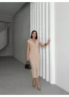 SERENA BÜZGÜLÜ DÜĞME DETAY ELBİSE - TAŞ