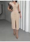 SERENA BÜZGÜLÜ DÜĞME DETAY ELBİSE - TAŞ