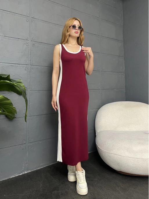 ASKILI ŞERİT DETAY OYSHO ELBİSE - BORDO