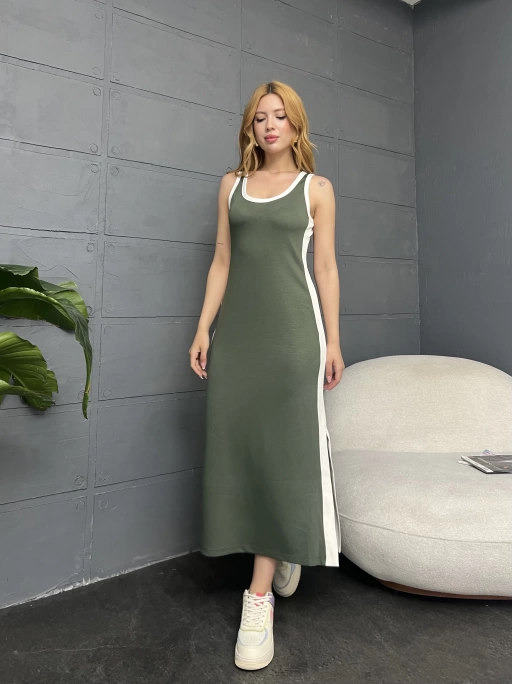 ASKILI ŞERİT DETAY OYSHO ELBİSE - HAKİ