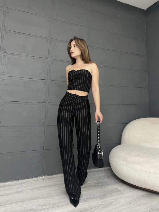 ÇİZGİLİ ZARA CROP VE PANTOLONLU İKİLİ TAKIM - SİYAH