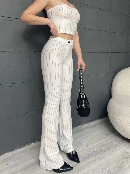 ÇİZGİLİ ZARA CROP VE PANTOLONLU İKİLİ TAKIM - BEYAZ