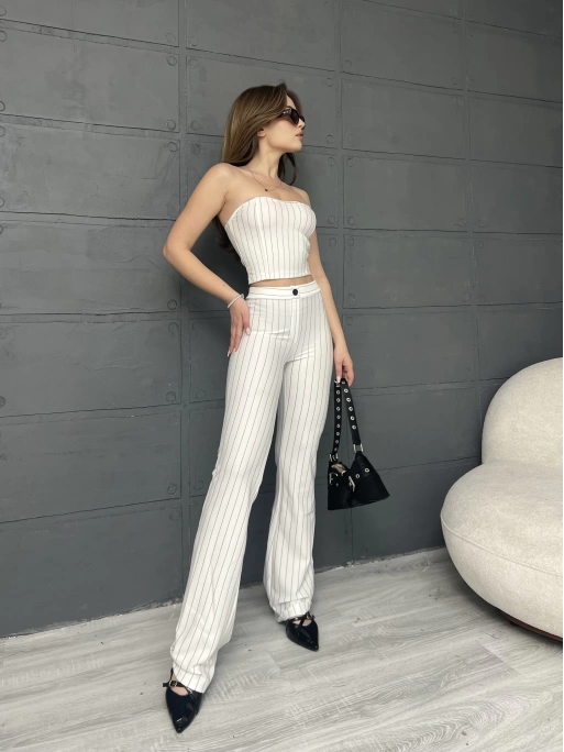 ÇİZGİLİ ZARA CROP VE PANTOLONLU İKİLİ TAKIM - BEYAZ