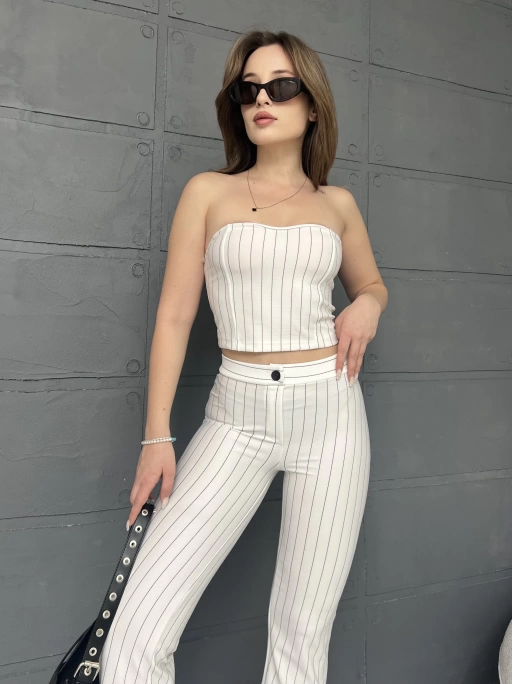 ÇİZGİLİ ZARA CROP VE PANTOLONLU İKİLİ TAKIM - BEYAZ