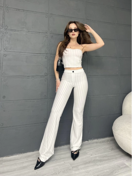 ÇİZGİLİ ZARA CROP VE PANTOLONLU İKİLİ TAKIM - BEYAZ