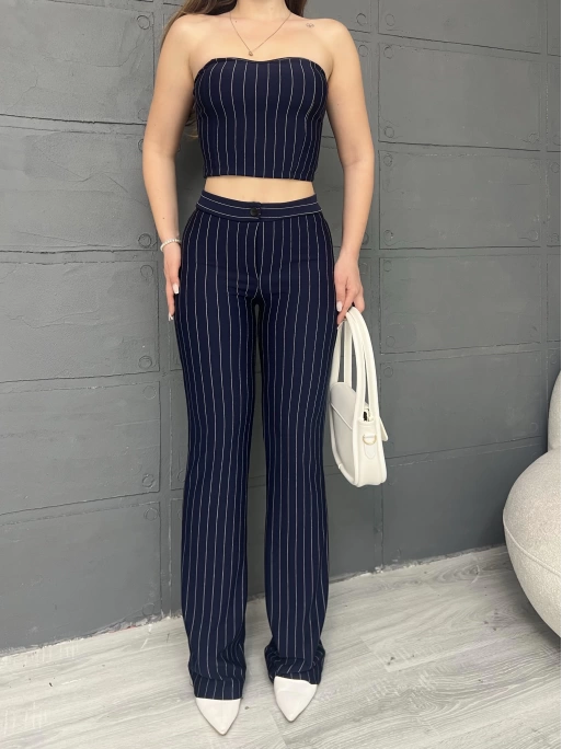 ÇİZGİLİ ZARA CROP VE PANTOLONLU İKİLİ TAKIM - LACİVERT