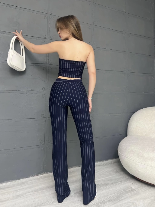 ÇİZGİLİ ZARA CROP VE PANTOLONLU İKİLİ TAKIM - LACİVERT
