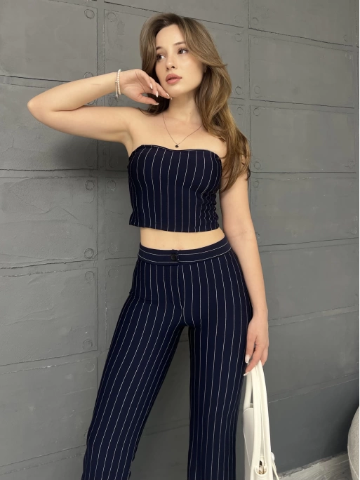 ÇİZGİLİ ZARA CROP VE PANTOLONLU İKİLİ TAKIM - LACİVERT