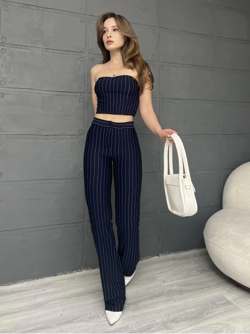 ÇİZGİLİ ZARA CROP VE PANTOLONLU İKİLİ TAKIM - LACİVERT