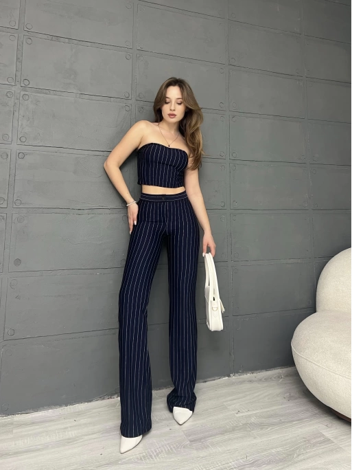 ÇİZGİLİ ZARA CROP VE PANTOLONLU İKİLİ TAKIM - LACİVERT