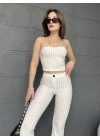 ÇİZGİLİ ZARA CROP VE PANTOLONLU İKİLİ TAKIM - BEYAZ