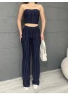 ÇİZGİLİ ZARA CROP VE PANTOLONLU İKİLİ TAKIM - LACİVERT