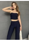 ÇİZGİLİ ZARA CROP VE PANTOLONLU İKİLİ TAKIM - LACİVERT