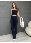 ÇİZGİLİ ZARA CROP VE PANTOLONLU İKİLİ TAKIM - LACİVERT