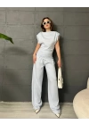 PREMİUM OMUZ VATKALI BLUZ VE PANTOLONLU İKİLİ TAKIM - MAVİ