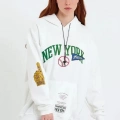 Baskılı Kapüşonlu Sweatshirt - Beyaz