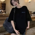 Baskılı Oversize Bisiklet Yaka T-shirt - Siyah