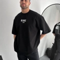 Baskılı Oversize Bisiklet Yaka T-shirt - Siyah
