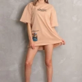 Bisiklet Yaka Baskılı Oversize T-Shirt - Bej