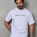 Bisiklet Yaka Baskılı Oversize T-Shirt - Beyaz