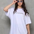 Bisiklet Yaka Baskılı Oversize T-Shirt - Beyaz