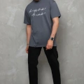 Bisiklet Yaka Baskılı Oversize T-Shirt - Füme