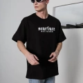 Bisiklet Yaka Baskılı Oversize T-Shirt - Siyah