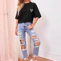 Bisiklet Yaka Baskılı Oversize T-Shirt - Siyah