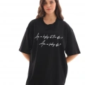 Bisiklet Yaka Baskılı Oversize T-Shirt - Siyah