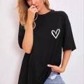 Bisiklet Yaka Baskılı Oversize T-Shirt - Siyah