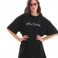 Bisiklet Yaka Baskılı Oversize T-Shirt - Siyah