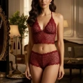 Bordo Dantel Bralet Şort Takımı Askılı Şık Kadın Ev Giyim