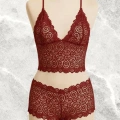 Bordo Dantel Bralet Şort Takımı Askılı Şık Kadın Ev Giyim